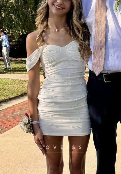Off-the-Shoulder Ruched Pearl Bodycon Mini Dress