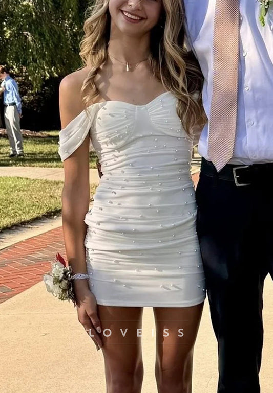 Off-the-Shoulder Ruched Pearl Bodycon Mini Dress