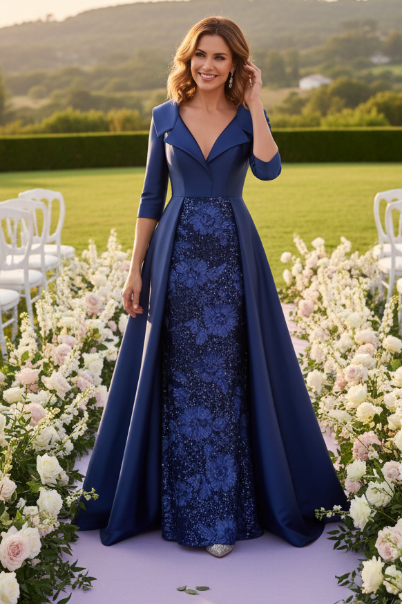 Satin Gown with Sequin Skirt & Overskirt