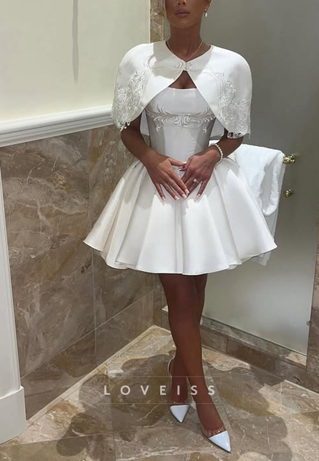 Short Satin Dress with Capelet and Embroidery