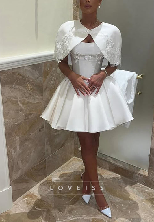 Short Satin Dress with Capelet and Embroidery