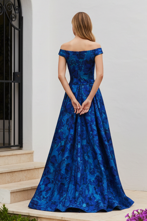 Floral Jacquard Off-Shoulder Gown with Overskirt