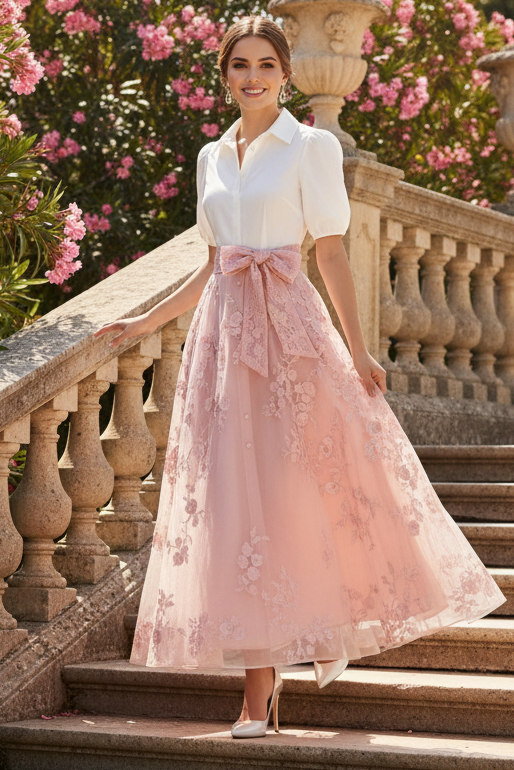 Collared Puff-Sleeve Shirt & Floral Lace A-Line Maxi