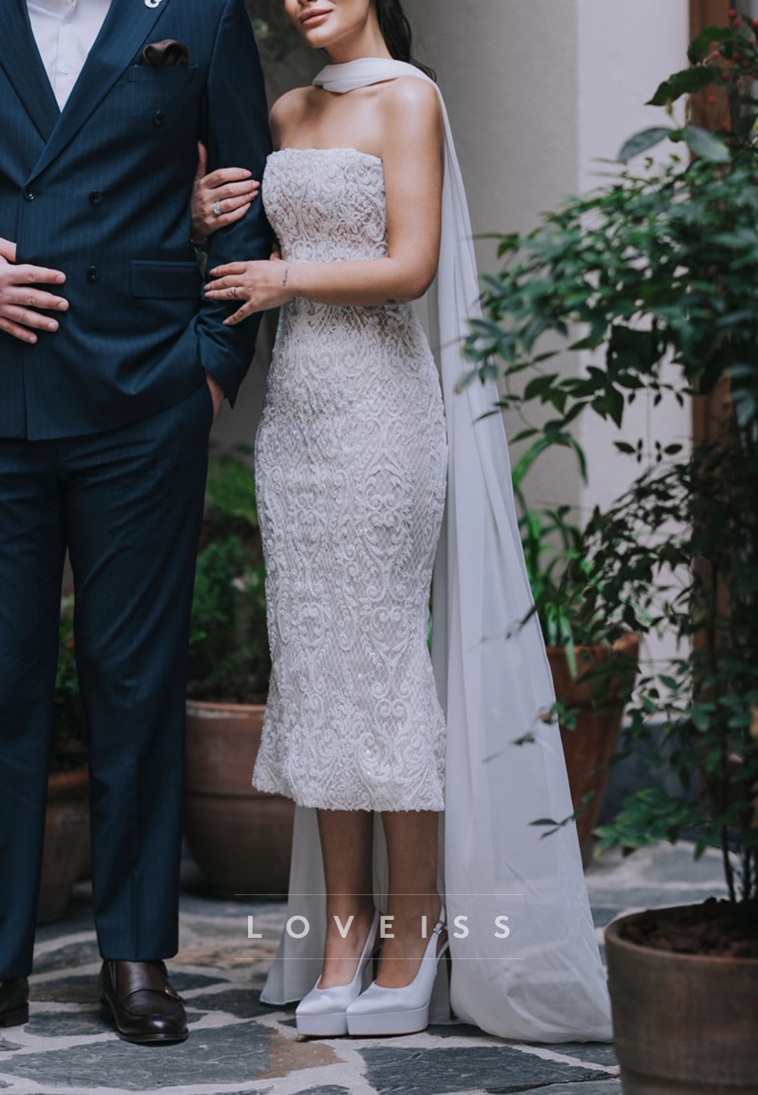 Strapless Lace Midi Wedding Dress with Scarf