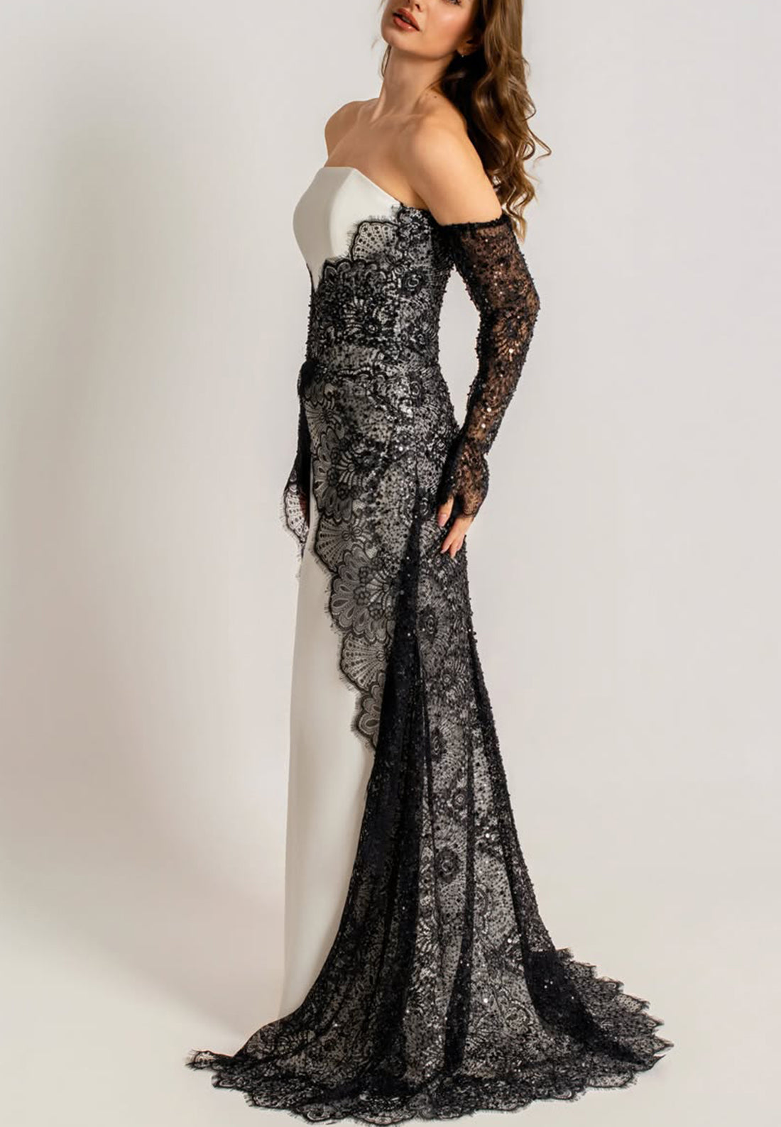 Strapless Evening Gown with Lace Overlay & Train