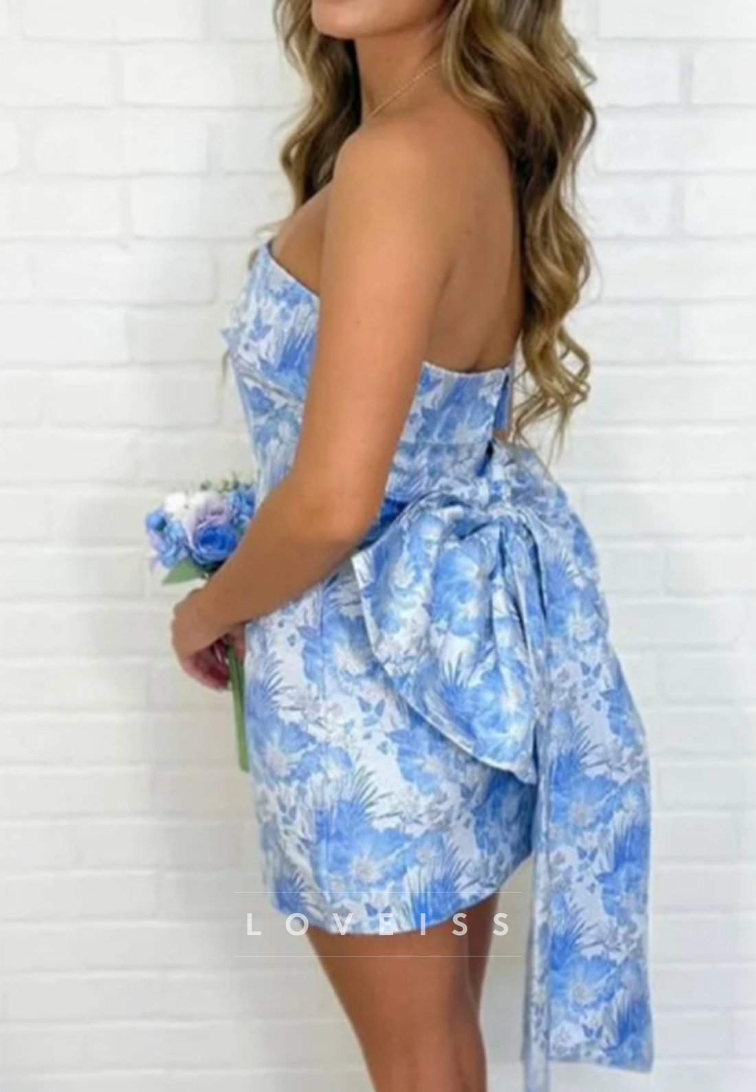 Strapless Floral Jacquard Bow-Back Mini Dress