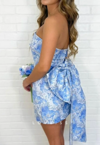 Strapless Floral Jacquard Bow-Back Mini Dress