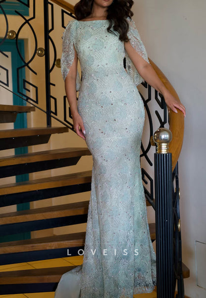 Embellished Lace Mermaid Gown with Cape Sleeves