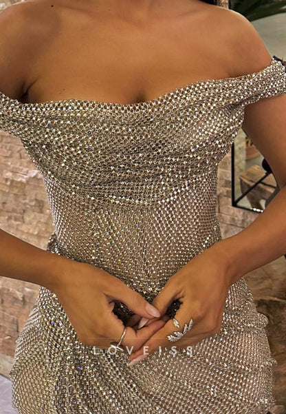 Off-the-Shoulder Rhinestone Slit Evening Gown