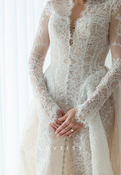 Long Sleeve Lace Wedding Gown with Overskirt
