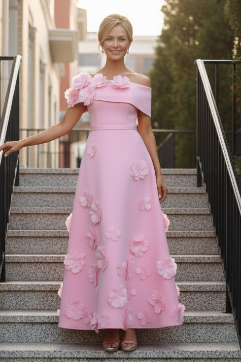 3D Floral Off-the-Shoulder Tea-Length A-Line Dress