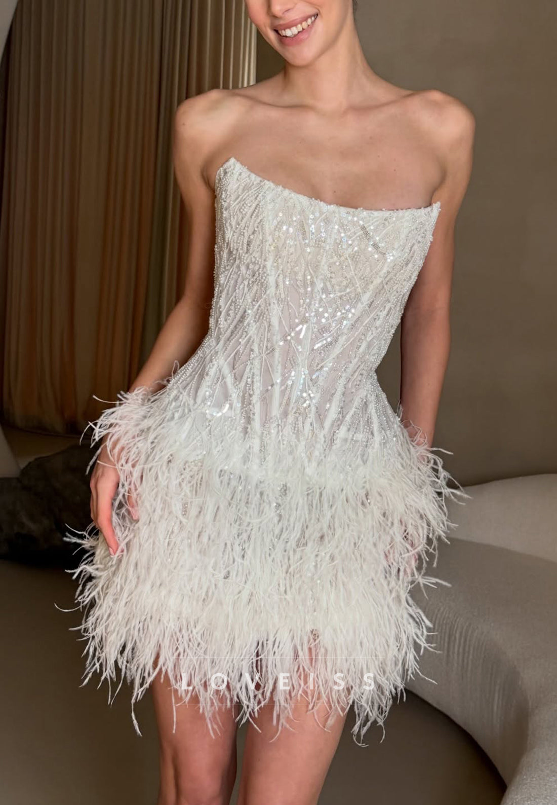 Strapless Beaded Corset Mini Dress with Feathers