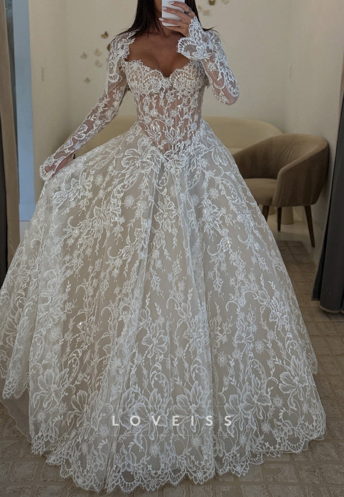 Off-Shoulder Lace Ball Gown Wedding Dress