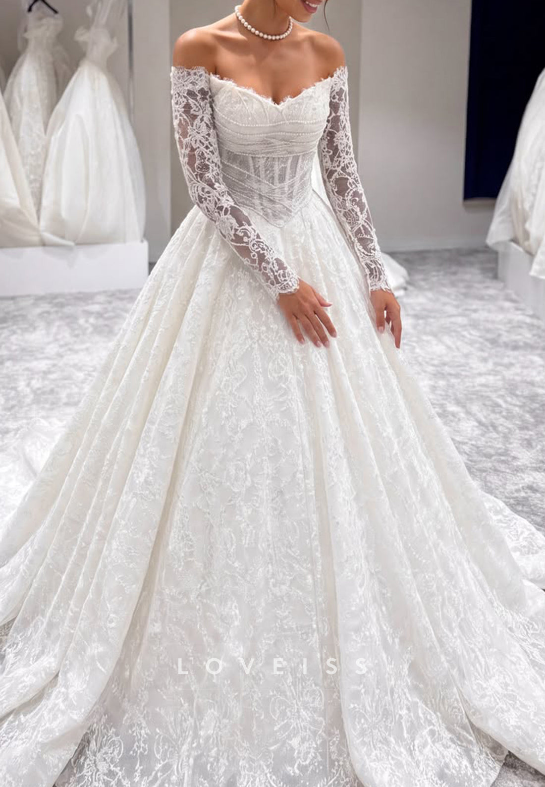 Off-the-Shoulder Lace Ball Gown Wedding Dress