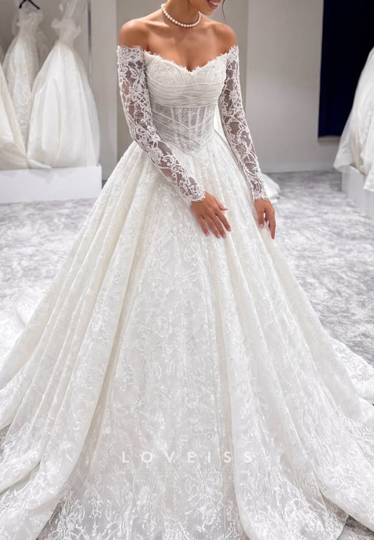 Off-the-Shoulder Lace Ball Gown Wedding Dress