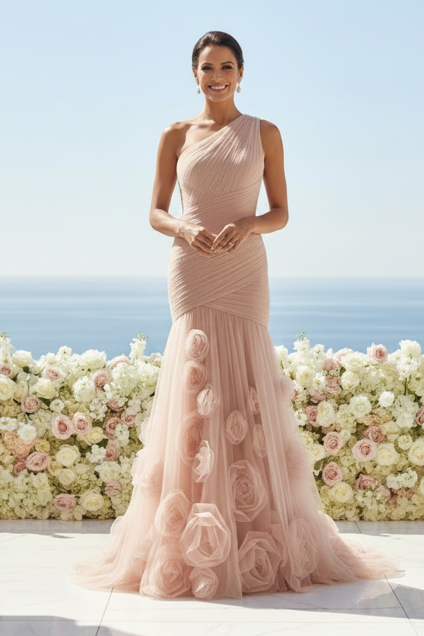 One-Shoulder Ruched Mermaid Gown with 3D Flowers