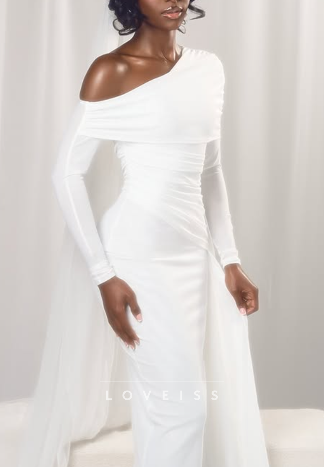 One-Shoulder Long Sleeve Gown with Draped Train