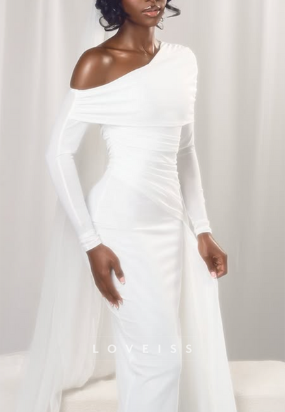 One-Shoulder Long Sleeve Gown with Draped Train