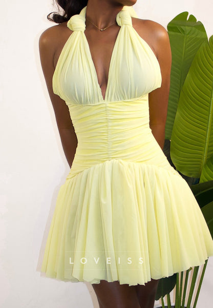 Halter Deep V-Neck Ruched Pleated Mini Dress