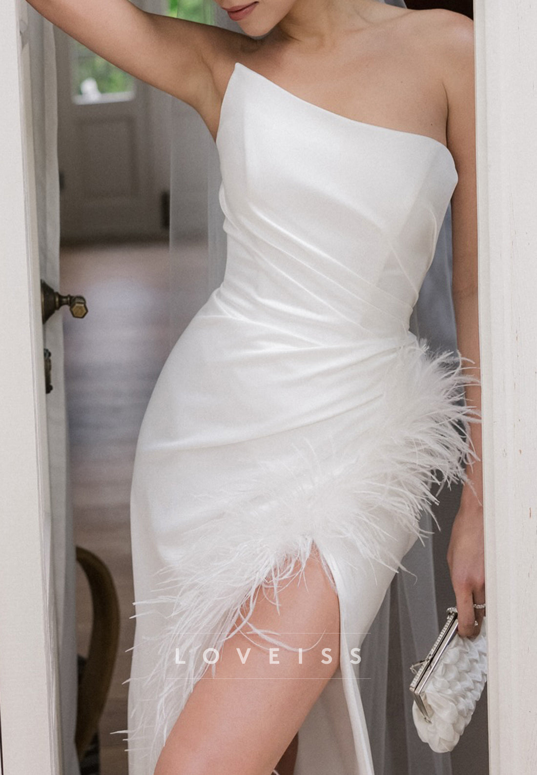 One Shoulder Feather Trim Satin Sheath Wedding Dress