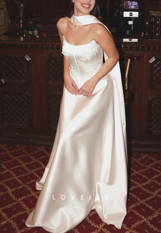 A-Line Satin Wedding Dress with Cape and Corset Bodice