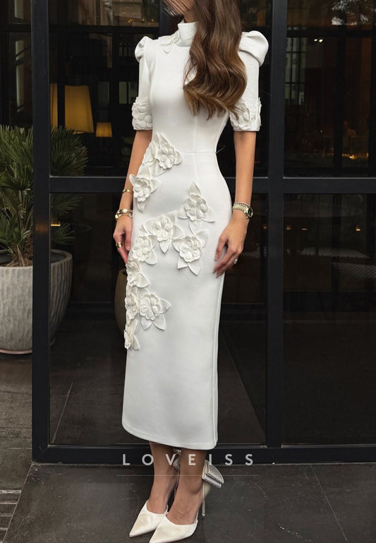 Floral Applique High Neck Sheath Midi Dress