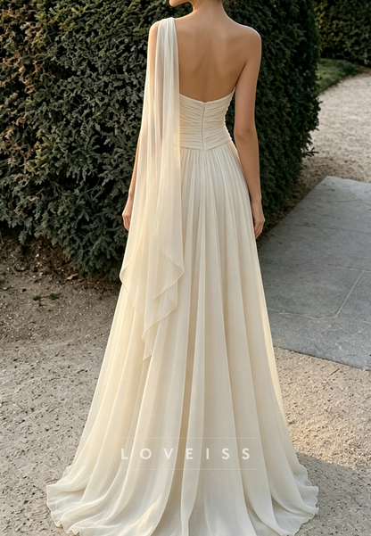 One Shoulder Chiffon A-Line Evening Gown with Cape Sleeve