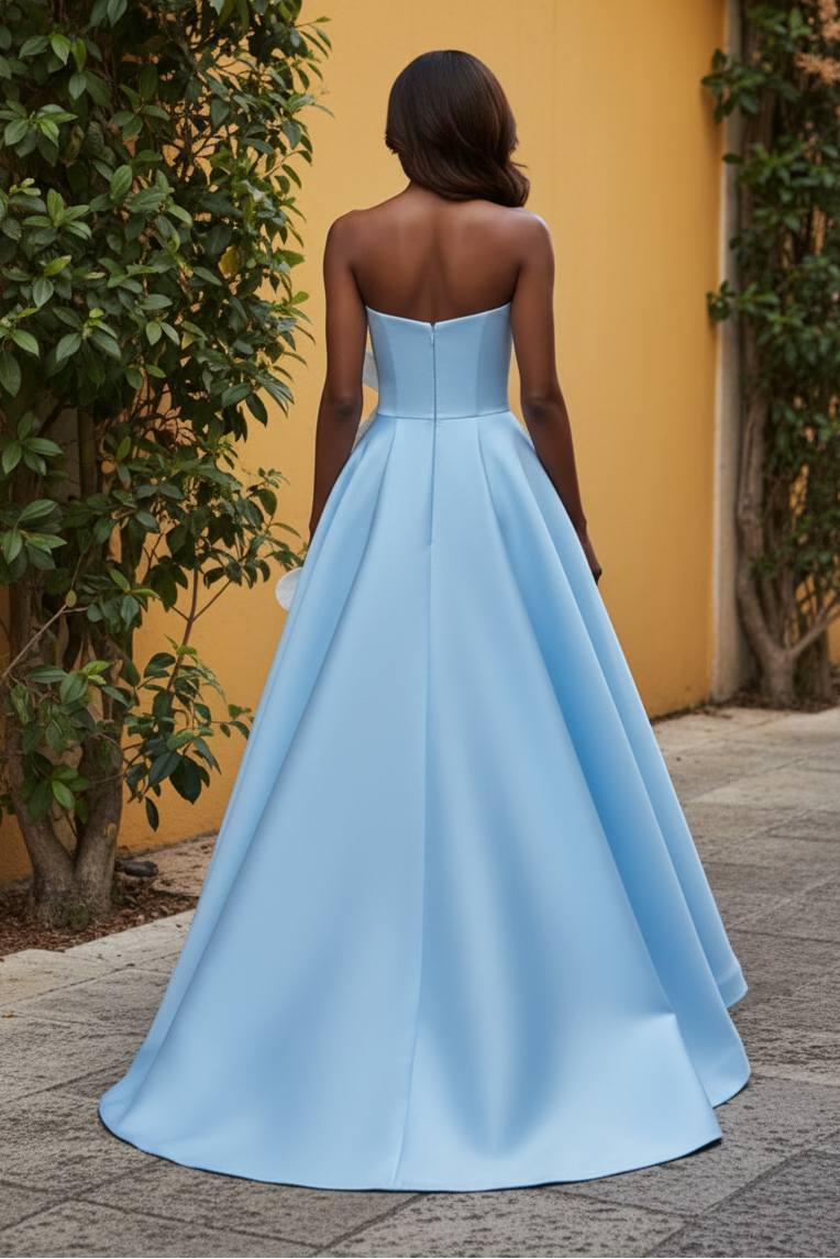 Strapless High-Low Gown with 3D Floral Applique