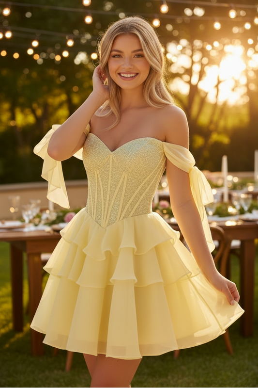 Tiered Chiffon Mini Dress with Glitter Corset Bodice
