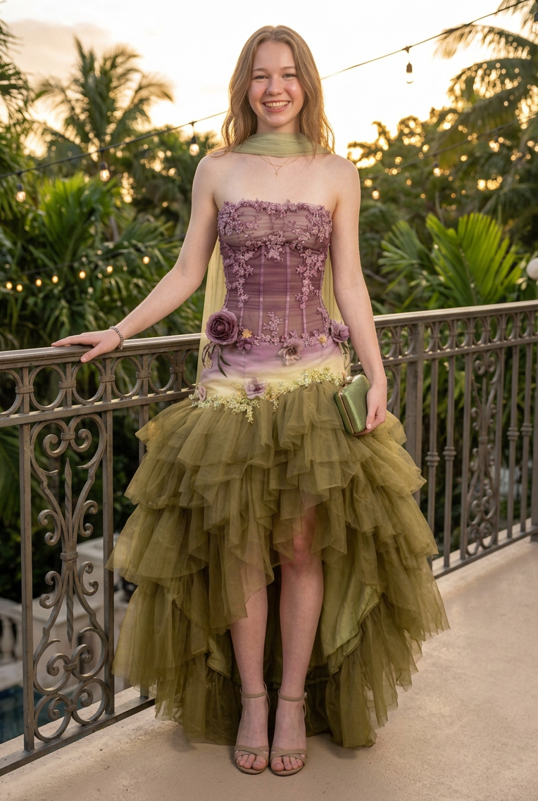 Strapless Corset Floral Appliqué Tiered Tulle Dress