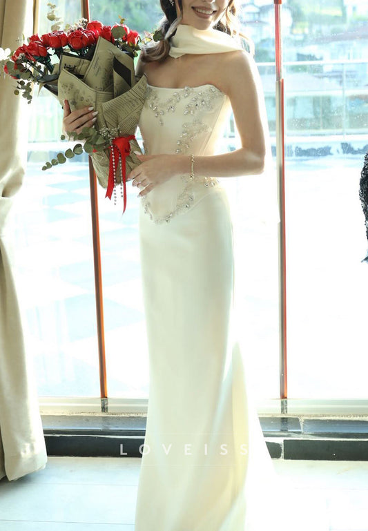 Embellished Satin Column Wedding Dress with Scarf