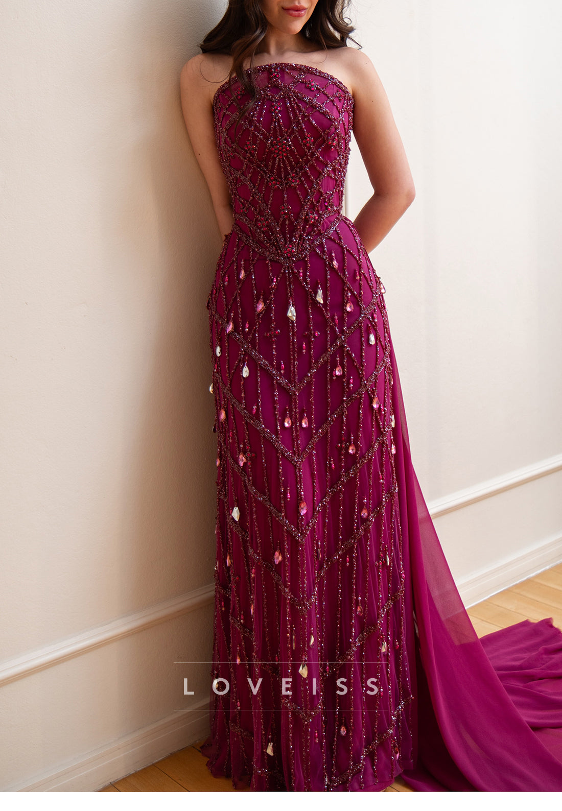 Strapless Crystal Beaded Evening Gown with Train