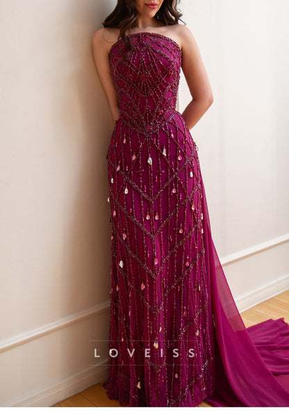 Strapless Crystal Beaded Evening Gown with Train