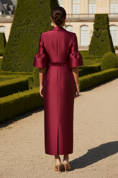 Lapel Collar Column Dress with Bell Sleeves & Belt
