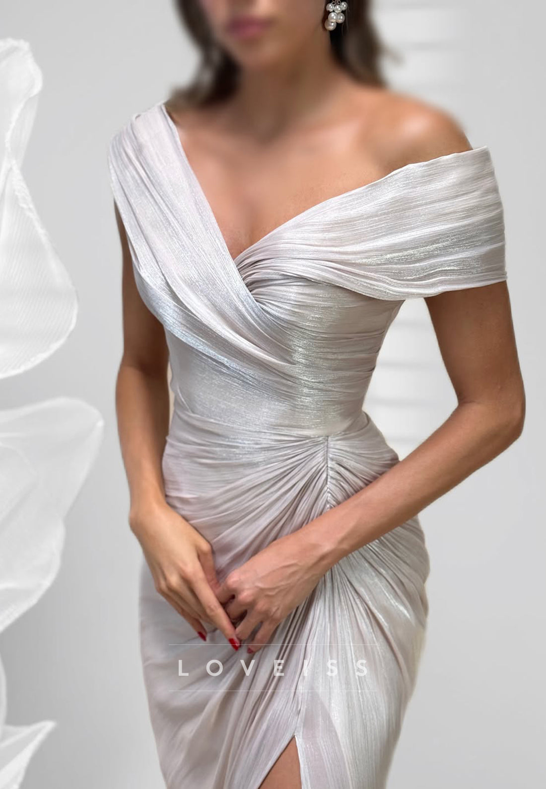 Ruched Off-the-Shoulder Metallic Gown with Slit