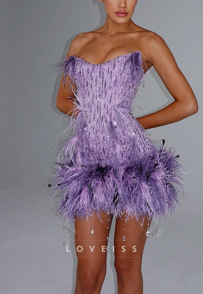 Strapless Sequin Feather Mini Dress with Cape