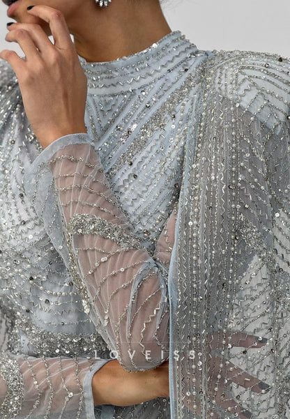 Beaded High Neck Evening Gown with Cape