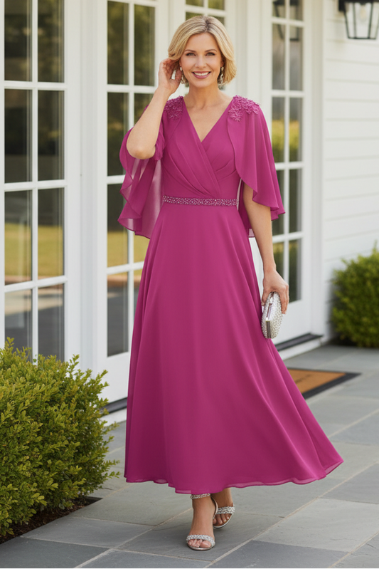 Elegant A-Line Midi Dress with Chiffon Cape