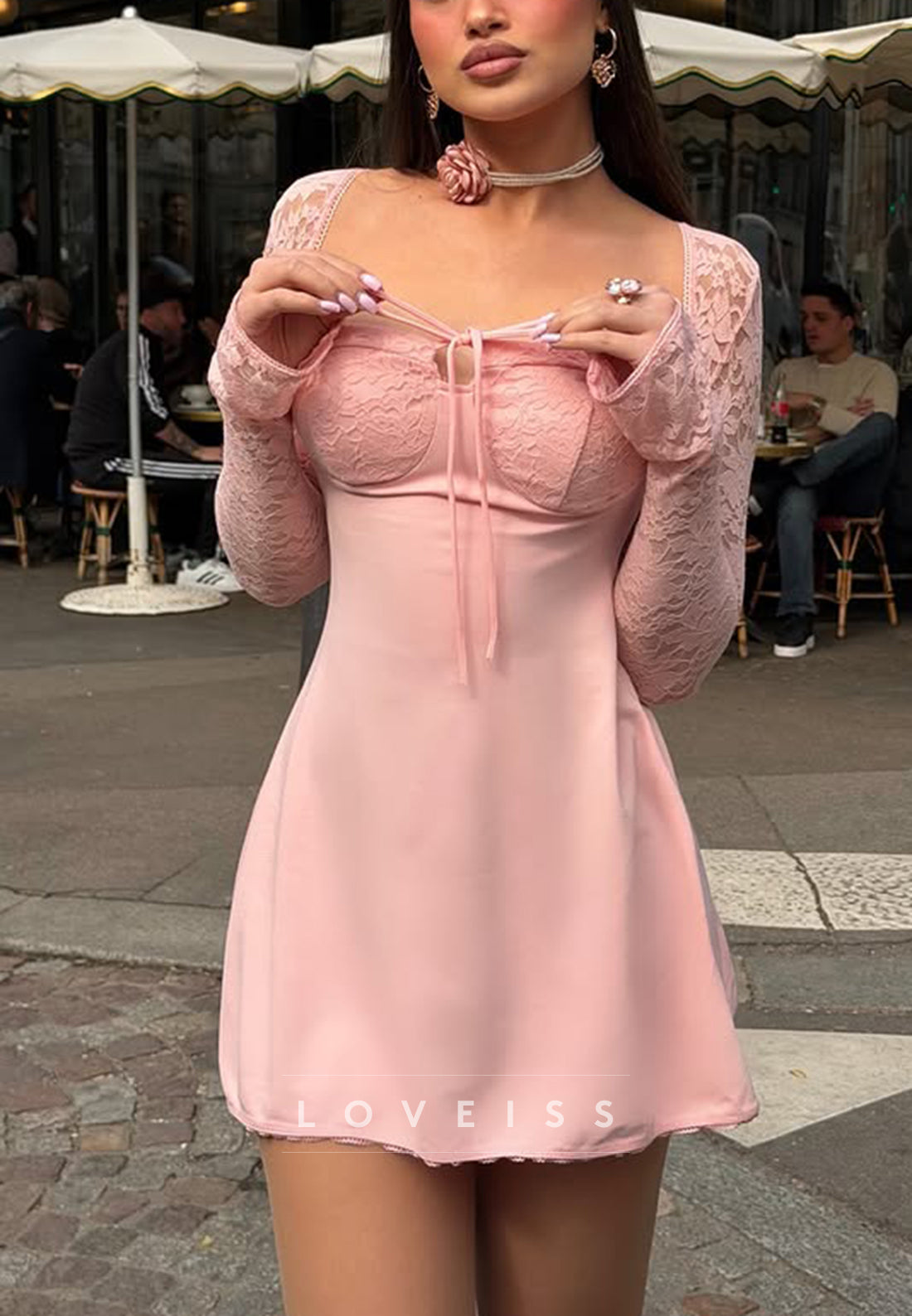 Lace Long-Sleeve Tie-Front Bustier Mini Dress