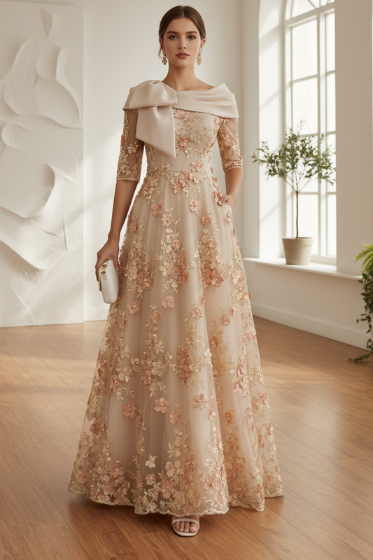 3D Floral A-Line Evening Gown with Pockets