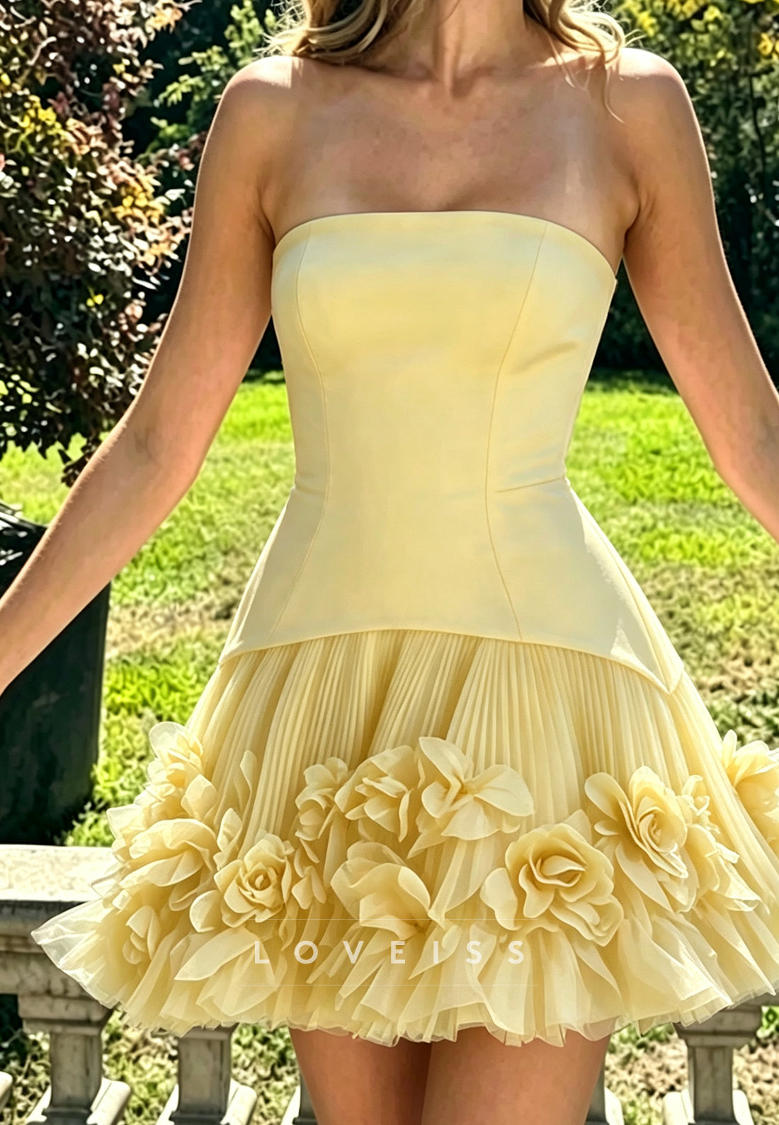 Strapless Corset Mini Dress with 3D Floral Hem