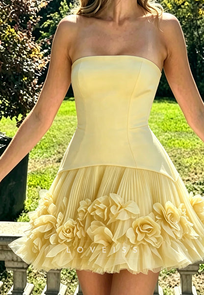 Strapless Corset Mini Dress with 3D Floral Hem