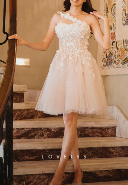One-Shoulder Floral Appliqué Tulle Mini Dress