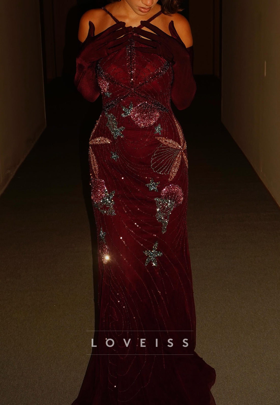 Beaded Halter Neck Evening Gown with Gloves