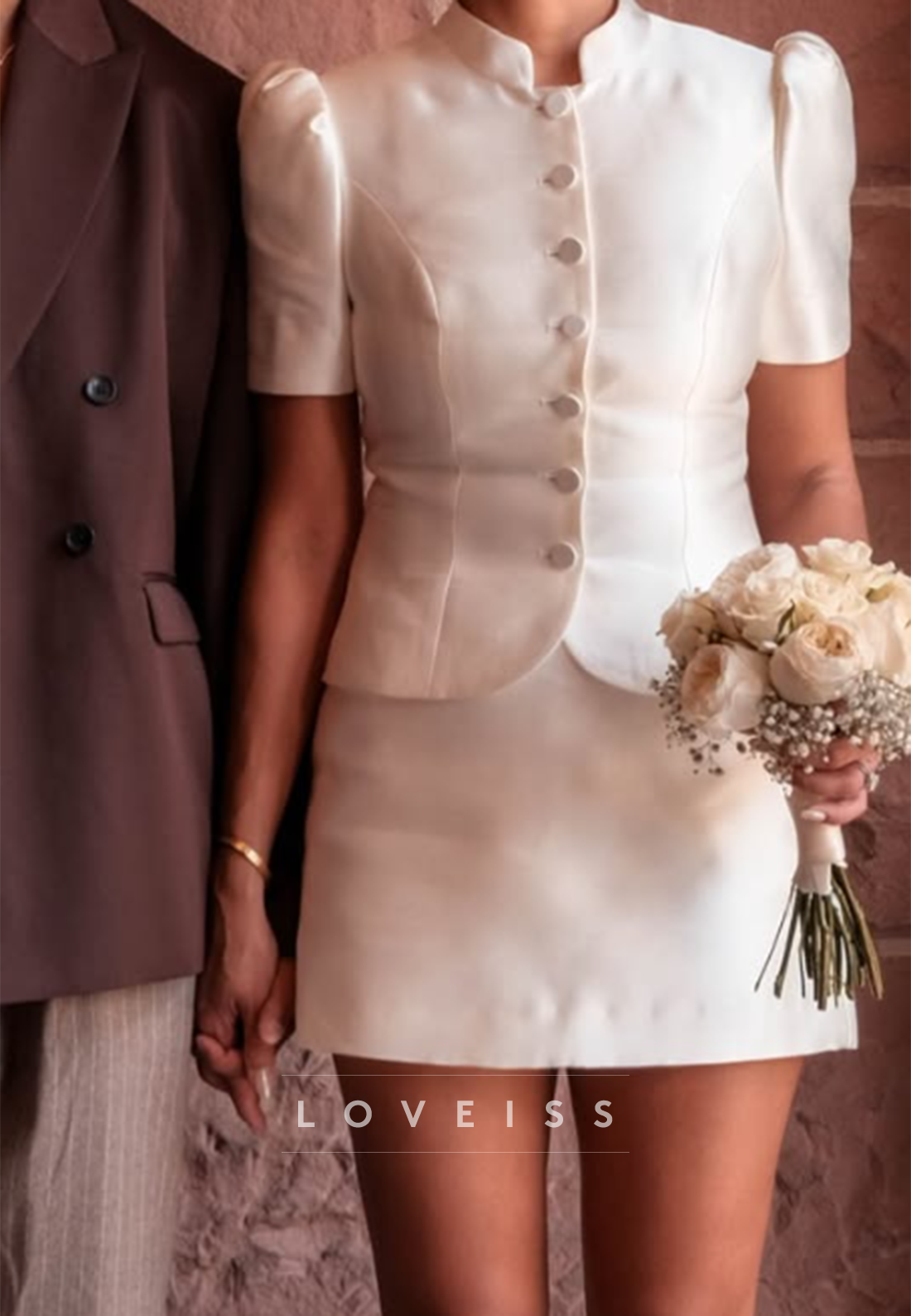 Short Sleeve Buttoned Mini Wedding Dress