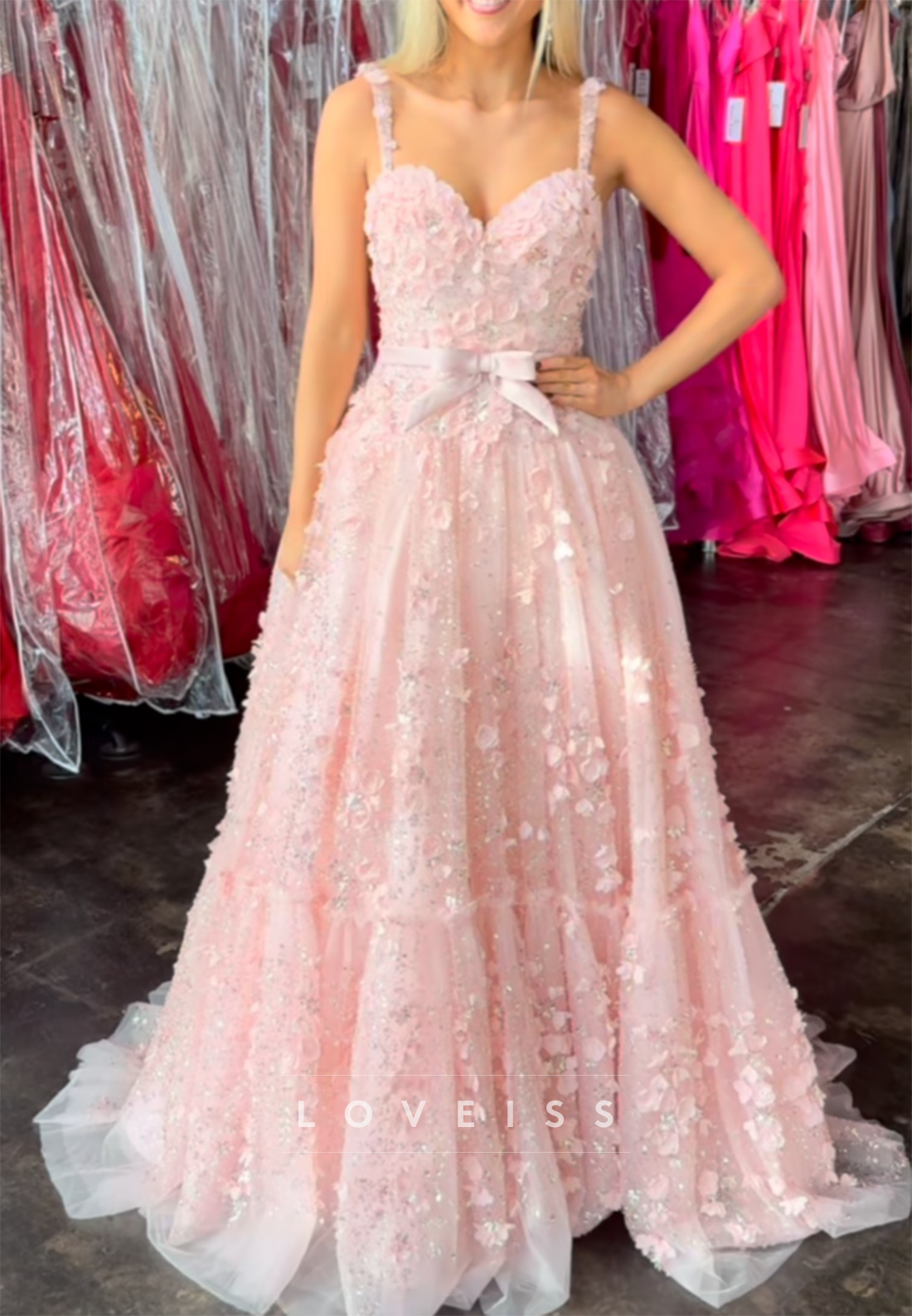 3D Floral Sequin Tulle A-Line Gown