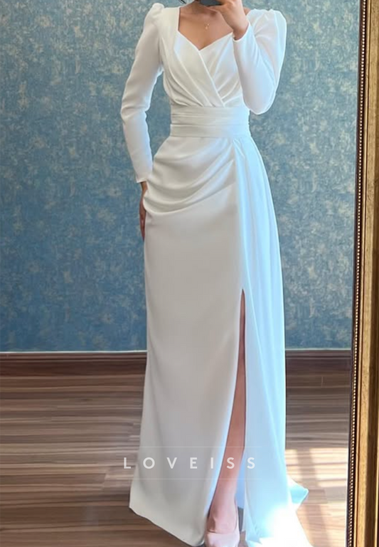 Long Sleeve Ruched Bridal Gown with High Slit