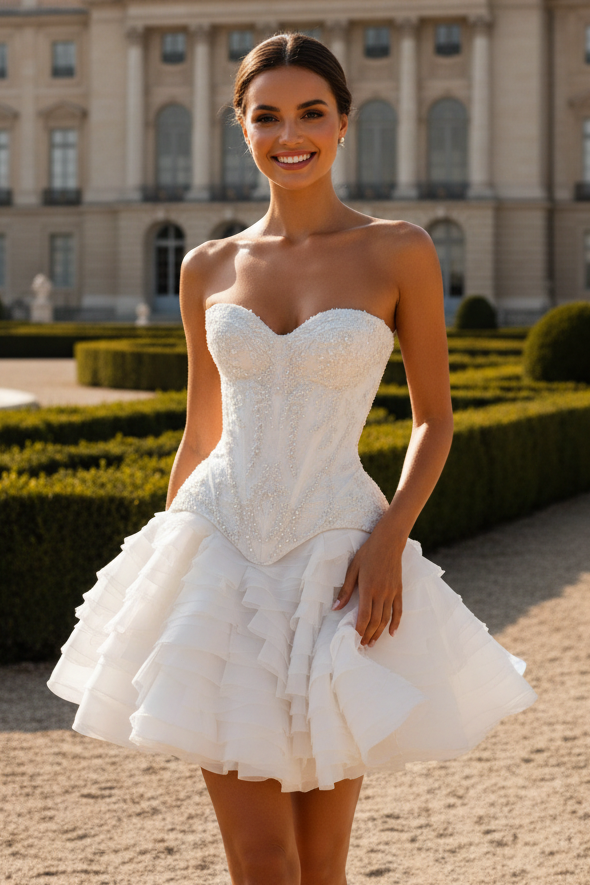 Strapless Beaded Corset Mini Dress with Ruffles