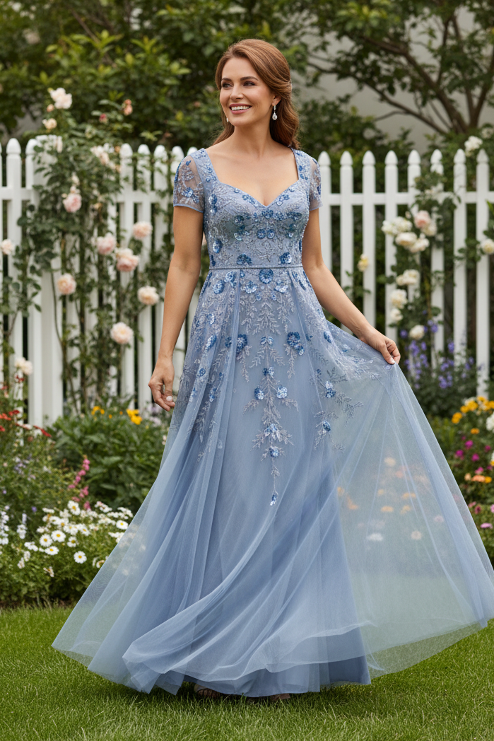 Embroidered Floral A-Line Tulle Gown
