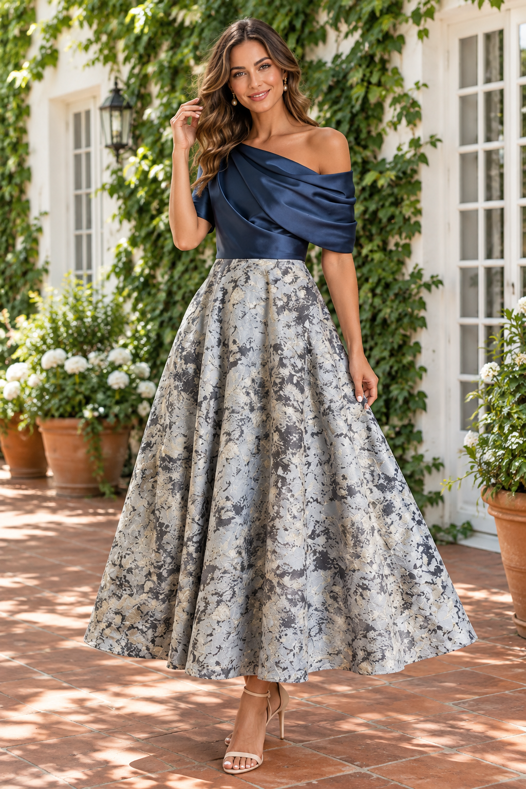One-Shoulder Pleated Satin Jacquard A-Line Dress